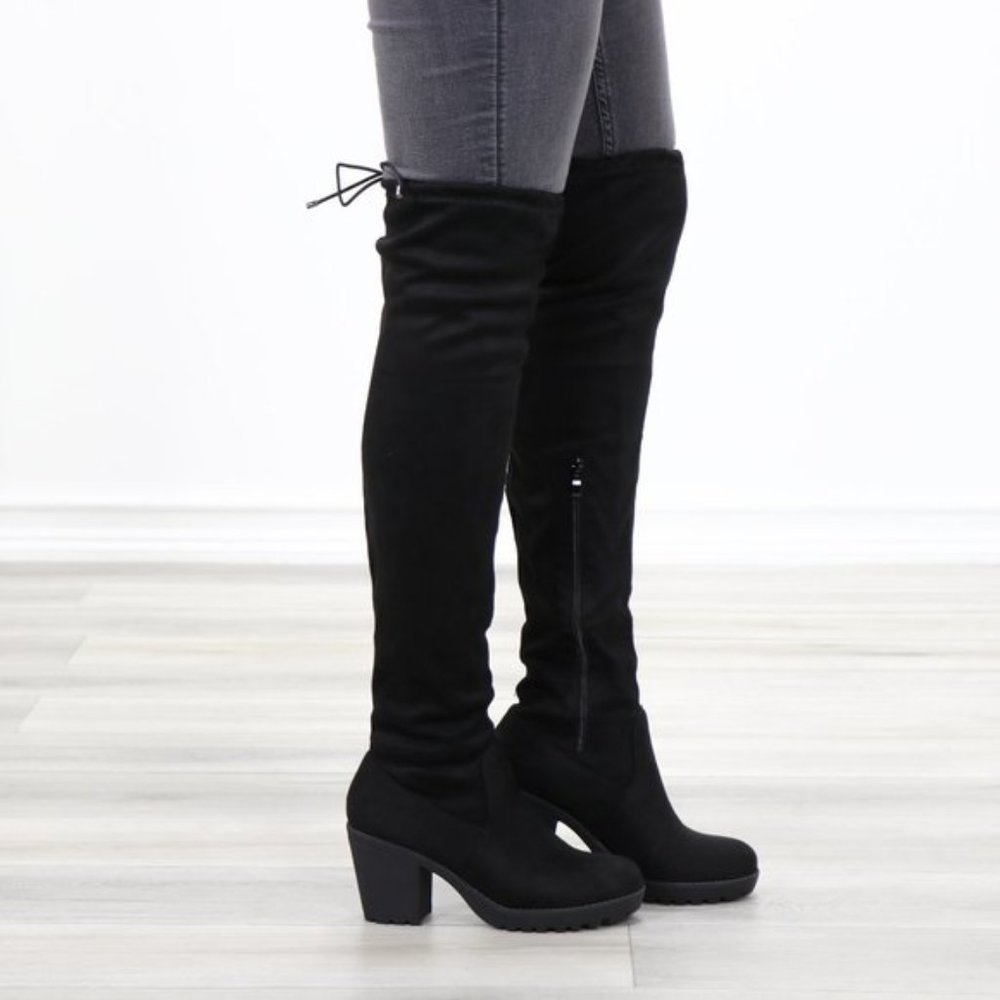 Lug Chunky Heel BlackThigh High Suede Boots - Picture 6 of 16